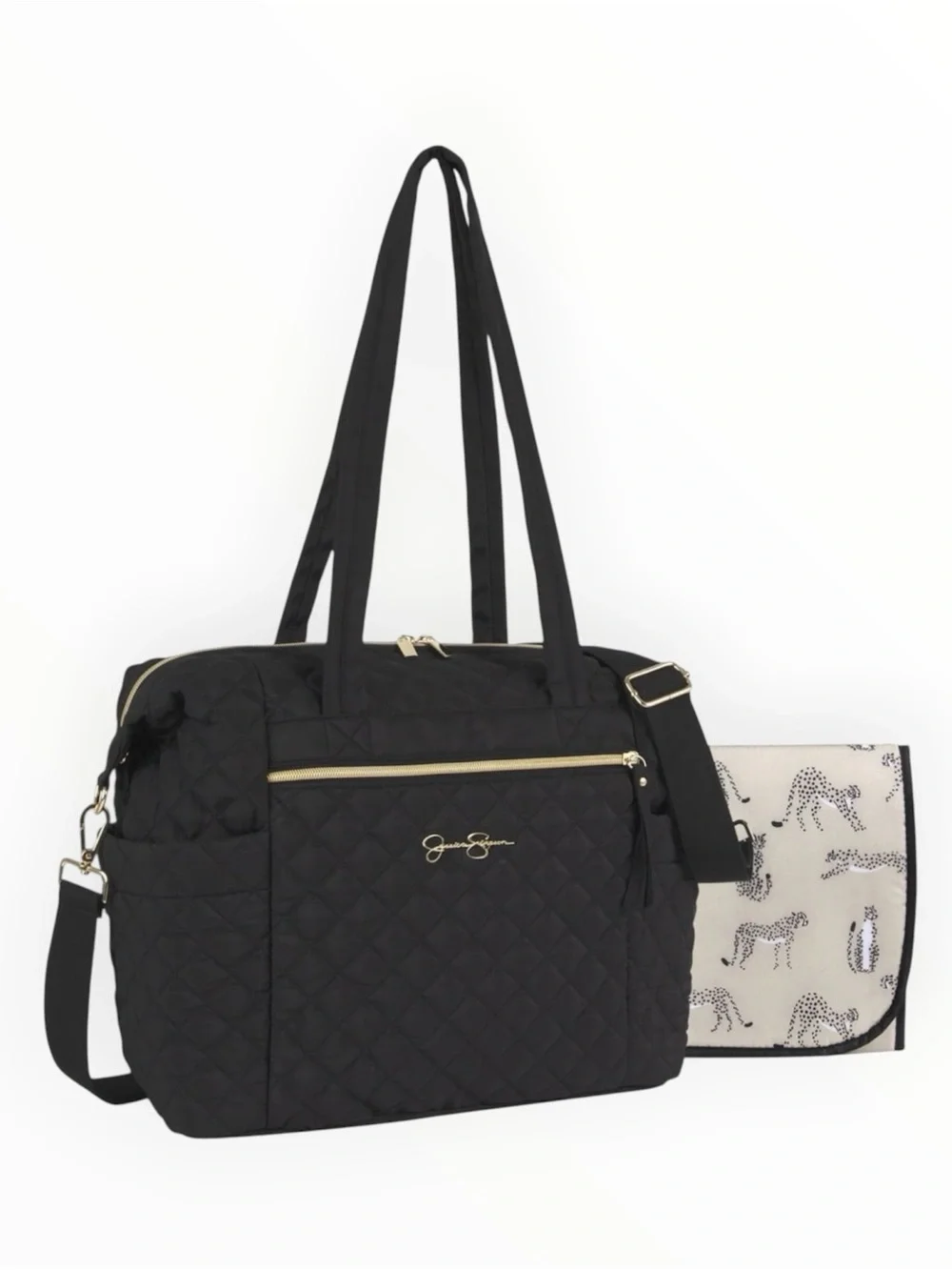 Jessica Simpson Quilted Diaper Bag Tote Black Cheetah Lining Changing Pad
